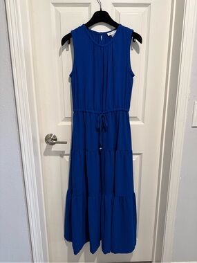 Calvin Klein Sleeveless Royal Blue Tiered Maxi Dress with Drawstring Waist